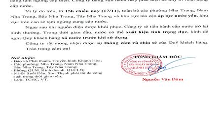 THÔNG BÁO      V/v cung cấp nước trên địa bàn các phường Nha Trang và khu vực lân cận